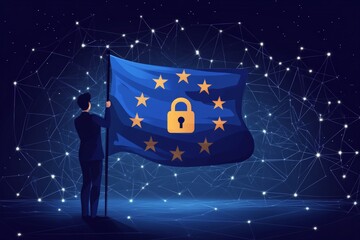 Woman holding EU security flag in digital matrix, symbolizing personal privacy, cyber protection, and encrypted data sovereignty in an abstract futuristic setting