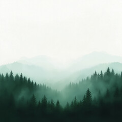 Misty forest landscape with layered mountains and evergreen trees.