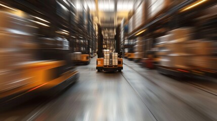 A high-speed forklift moves through a large warehouse, creating a motion blur effect. The scene conveys fast-paced logistics, supply chain efficiency, and industrial workflow. AI generated.