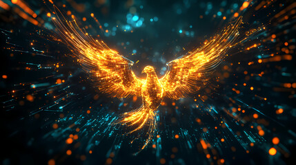 A cybernetic phoenix bird robot with glowing wings rising from digital flames in a futuristic, dark setting. Cybernetic Phoenixes. Illustration