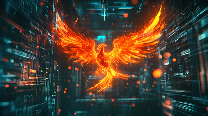 Obraz premium A cybernetic phoenix bird robot with glowing wings rising from digital flames in a futuristic, dark setting. Cybernetic Phoenixes. Illustration