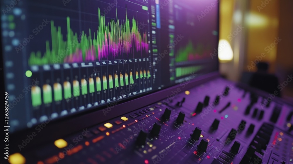 Poster mixing console displaying colorful audio waveforms on a screen, creating an immersive atmosphere in 