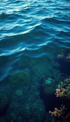 Dark blue ocean surface with ripples and seaweed, seaweed, ocean depth, water surface
