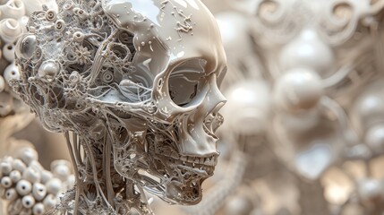 A detailed futuristic design of a skeletal structure adorned with mechanical and organic elements, showcasing a blend of intricate textures and soft tones. AI generated.