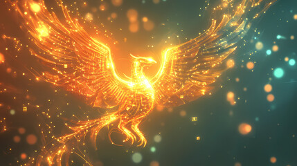 A futuristic phoenix rises from digital flames, featuring metallic feathers and luminous symbols, symbolizing rebirth, illustrated in a flat design style. Cybernetic Phoenixes. Illustration