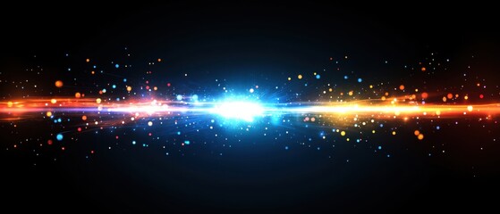 Abstract colorful colliding particles and light trails on a dark background Concept of energy, power, science, technology, and futuristic design