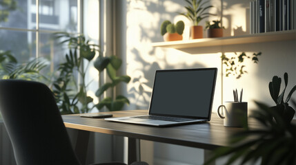 Home Office Work Table with Laptop Luxury Indoor for Working in Space Interior Design for Home Office Black Screen of Laptop with Mouse Modern Freelancer with Cozy Minimalist Indoor Workspace