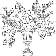 Boceto de flores en jarrón. Ramo de flores decorativas. Ilustración vectorial de flores para invitaciones, papelería o branding. Arte minimalista 