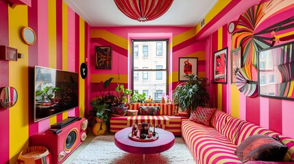 Colorful New York City living room; vibrant interior design; modern, stylish, and trendy; interior photography; suitable for home decor magazines and websites