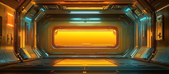 Obraz premium Futuristic interior of a sci-fi space station with glowing lights and an orange backdrop