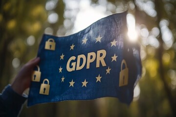 Close up of hands holding a torn GDPR document outdoors with blurred padlocks in the background,...