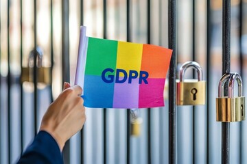 Hands holding a rainbow GDPR compliance flag with a padlock in front of a blurred cityscape,...