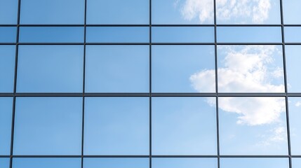 Modern building facade reflecting a clear blue sky with clouds.  Possible stock use Architecture or cityscape