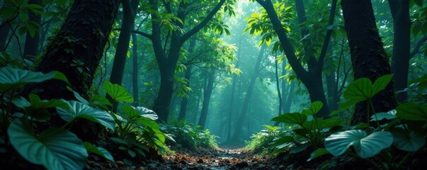 Dark forest with large exotic leaves and vines, shadows, foliage, dark forest
