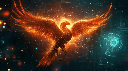An artistic rendition of a phoenix with mechanical wings, representing rebirth and innovation, amidst glowing circuits and gears. Cybernetic Phoenixes. Illustration