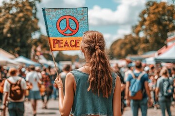 Protest for peace and anti violence movement with young woman holding peace sign banner in crowd, symbolizing activism, social justice, human rights, and unity in diversity