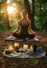 Woman Meditating in Forest with Candles and Crystals