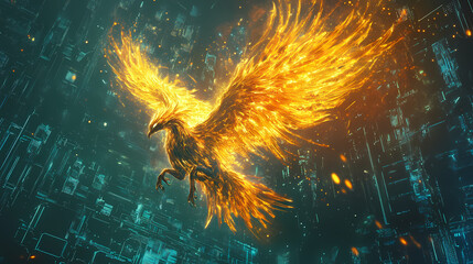 Cybernetic ai phoenix reborn from digital flames. Cybernetic Phoenixes. Illustration