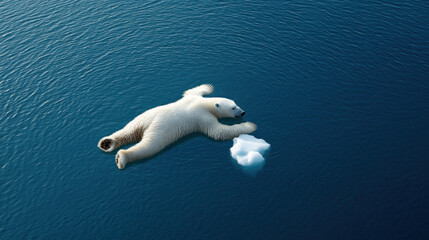 Naklejka premium polar bear floating on water, resting on small ice floe, evokes sense of vulnerability