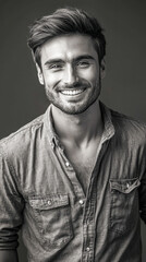 Fototapeta premium Smiling Caucasian Man, Wearing Denim Shirt with Buttons. Portrait.