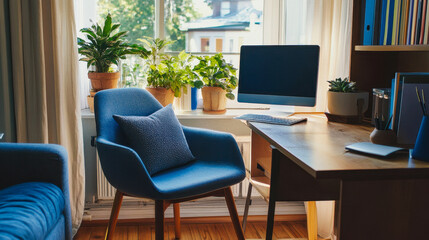 Bright Home Office Setup with Blue Accents, Plants and Modern Desk Design