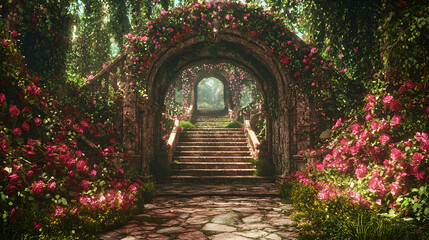 Rose archway garden path, stairs, fantasy landscape, dreamy background, romantic setting
