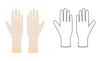 Nitrile cleaning protective Gloves on hands Fashion accessory clothing technical illustration garment. Dish wash Vector front palm back view for Men, women, unisex flat template mockup cartoon style