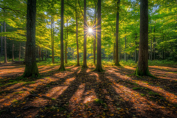 Obraz premium A sunlit forest clearing with dappled light filtering through green foliage, casting intricate shadows on the ground.