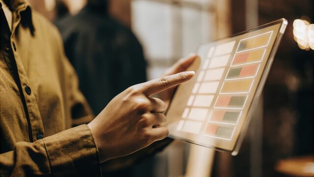 A closeup of a hand interacting with a floating holographic budget breakdown showcasing different categories like housing savings and entertainment in vibrant colors.