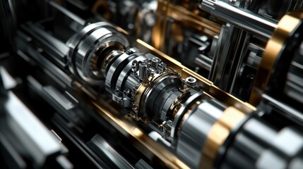 Fototapeta premium Close up of intricate engine pistons rotating smoothly within a complex assembly of industrial machinery, showcasing the precision and power of modern engineering