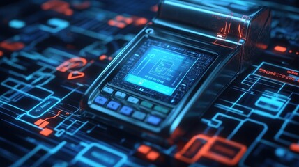 An intricate detail of a pointofsale device showcasing a card reader with an illuminated screen displaying a payment processing message. Surrounding the reader are graphical representations