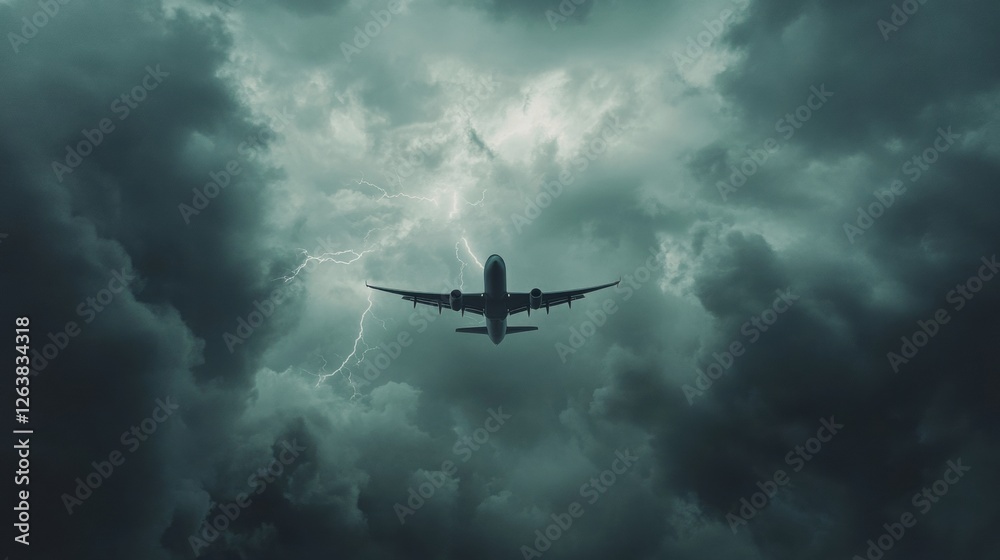 Aufkleber dramatic flight through stormy skies with lightning illuminating dark clouds. generative ai