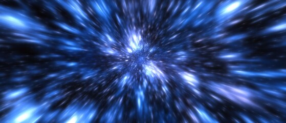 Hyperspace jump through a wormhole in deep space Abstract blue and white streaks of light depicting interstellar travel, time warp, or futuristic technology Concept of science fiction, exploration, an