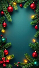 Christmas border with coniferous branches and lights, holiday decor, coniferous