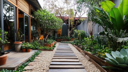 Obraz premium A sustainable home garden with upcycled planters and reclaimed wood pathways.