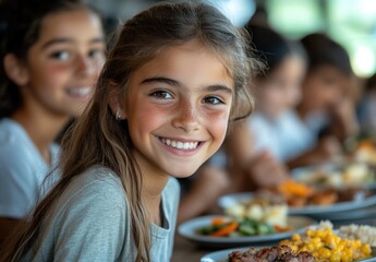 Children gather around tables filled with nutritious breakfast options, smiling and engaging in conversation as they celebrate National School Breakfast Week at a local school