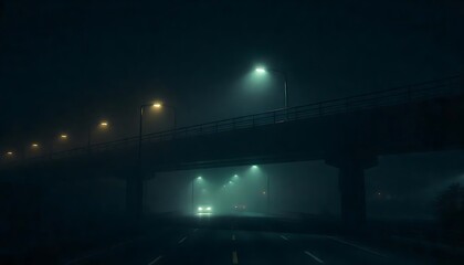 Mysterious foggy night overpass urban highway night scene atmospheric conditions low angle distant lighting