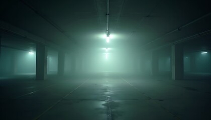 Mysterious encounter foggy underground parking lot cinematic scene eerie atmosphere low angle suspenseful setting
