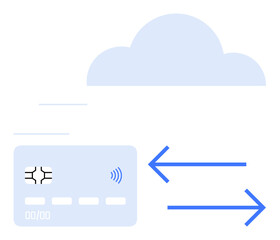 Credit card with chip and wireless icon exchanging data with cloud via directional blue arrows. Ideal for online transactions, data security, fintech, cloud computing, digital banking, payment