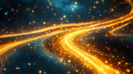 Celestial rivers of gold: a mesmerizing abstract landscape where molten gold streaks across a deep blue expanse, evoking the majesty of the cosmos. Molten Gold Rivers. Illustration