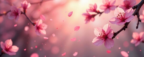 Fototapeta premium delicate sakura petals falling softly on a warm spring morning, sakura, soft focus, pink