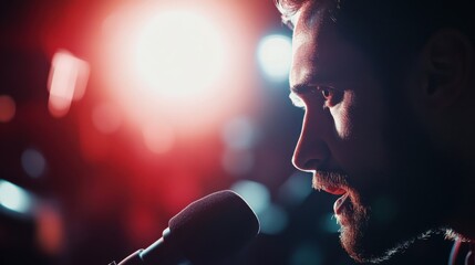 Fototapeta premium A closeup shot of a charismatic athlete speaking passionately into a microphone with bright studio lights reflecting off their determined expression. In the background the outlines