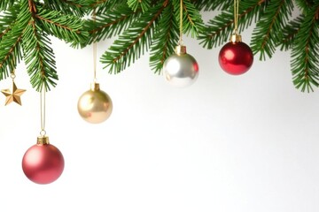 Fototapeta premium Christmas tree branches with ornaments hanging from gold threads isolated on white background, gold, ornaments, background