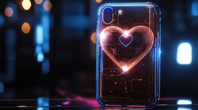 Personalized smartphone case with couple's initials in a minimalist heart design, futuristic holographic effect, glowing lines
