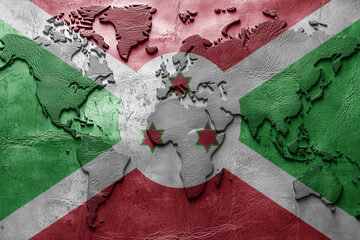 Flag of burundi on the ancient leather old world map . Adventure concept. Macro shot. Generative Ai