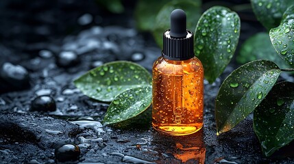 Amber serum bottle, dewy leaves, dark background; spa, beauty product