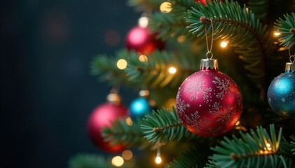 Fototapeta premium Christmas tree surrounded by colorful glass baubles and sparkling lights, winter wonderland, festive ornaments