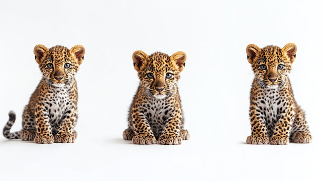Leopard cub collection, standing, portrait and lying, isolated on a white background.