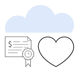 Large cloud above a document with dollar sign and ribbon, and a heart. Ideal for finance, technology, happiness, productivity, rewards, cloud computing success. Represents abstract line flat