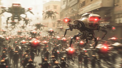 Obraz premium A massive swarm of futuristic flying drones with glowing red sensors floods an urban environment, symbolizing technological warfare and AI-driven conflict. AI generated.
